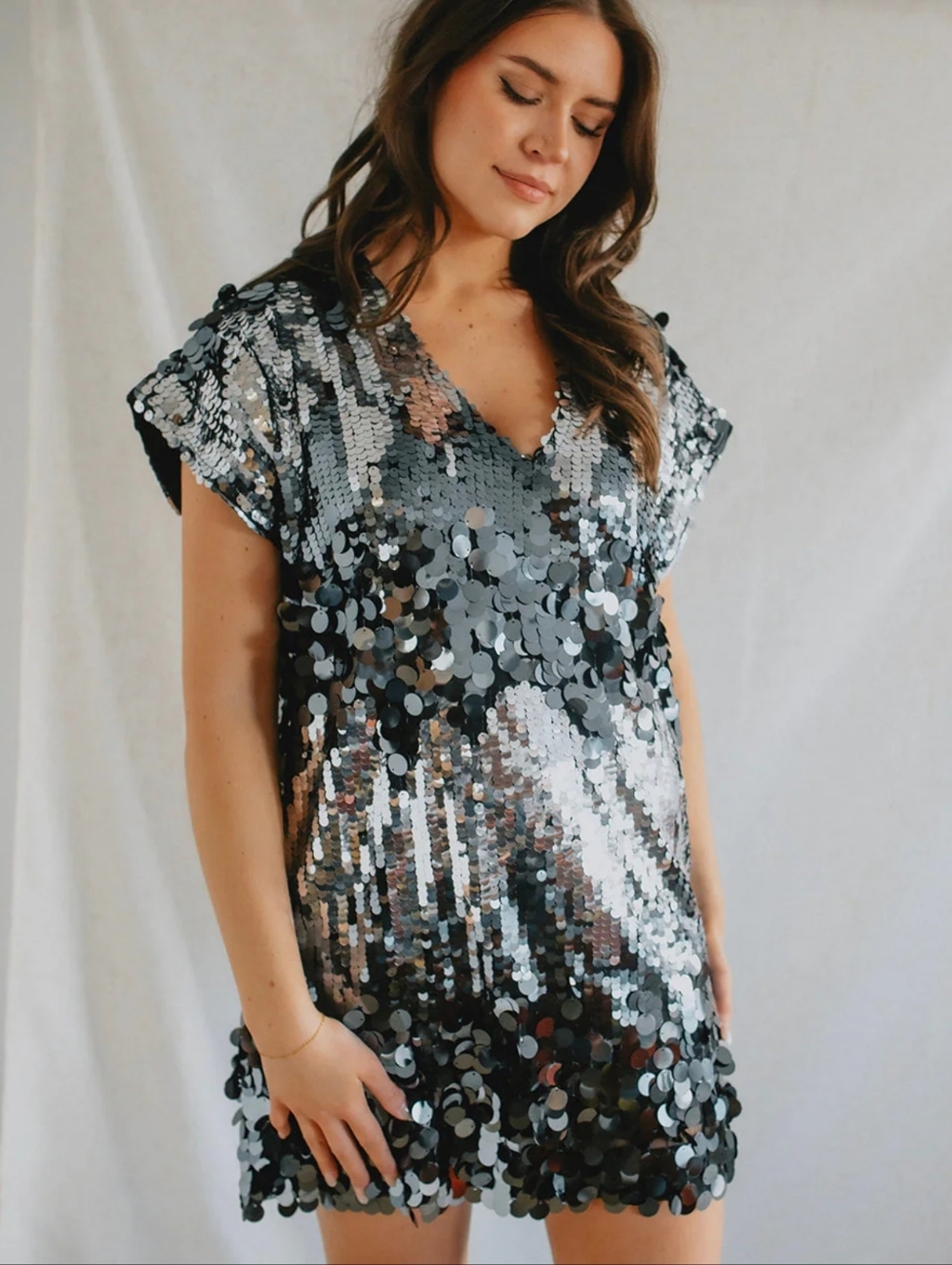 Together Silver Sequin V-Neck Mini Dress